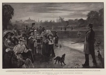 ¡Todos fuera! ¡Todos fuera! Una escena vespertina en los Jardines de Kensington